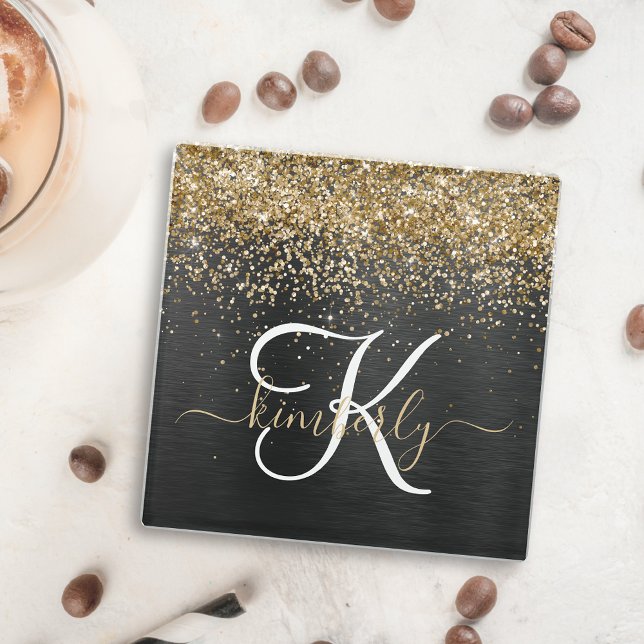 Custom Gold Glitter Black Sparkle Monogram Glass Coaster (Creator Uploaded)