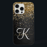 Custom Gold Glitter Black Sparkle Monogram iPhone 15 Pro Max Case<br><div class="desc">Easily personalise this trendy elegant phone case design featuring pretty gold sparkling glitter on a black brushed metallic background.</div>