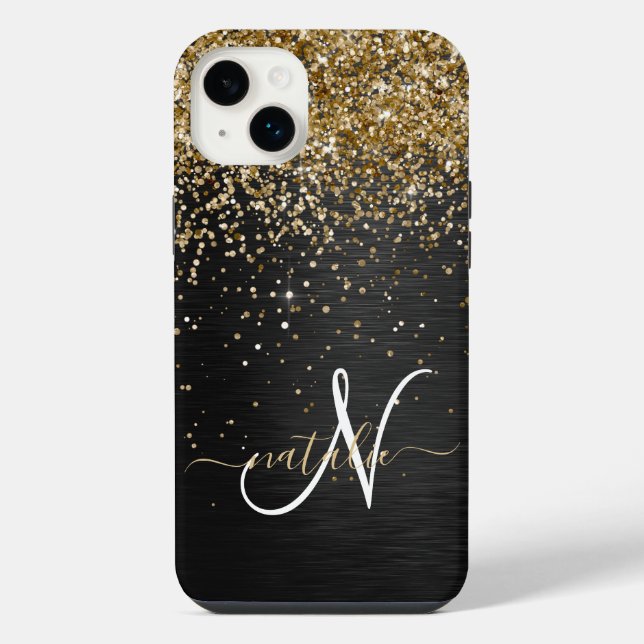 Custom Gold Glitter Black Sparkle Monogram iPhone Case (Back)