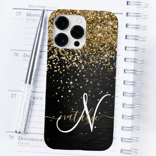 Custom Gold Glitter Black Sparkle Monogram iPhone 14 Pro Max Case