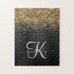 Custom Gold Glitter Black Sparkle Monogram Jigsaw Puzzle<br><div class="desc">Easily personalise this trendy elegant jigsaw puzzle design featuring pretty gold sparkling glitter on a black brushed metallic background.</div>