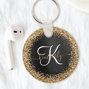 Custom Gold Glitter Black Sparkle Monogram Key Ring