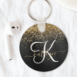 Custom Gold Glitter Black Sparkle Monogram Key Ring<br><div class="desc">Easily personalise this trendy elegant keychain design featuring pretty gold sparkling faux glitter on a black brushed metallic background.</div>