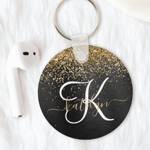 Custom Gold Glitter Black Sparkle Monogram Key Ring