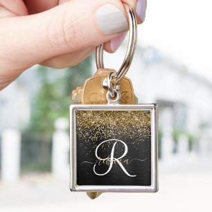 Custom Gold Glitter Black Sparkle Monogram Key Ring
