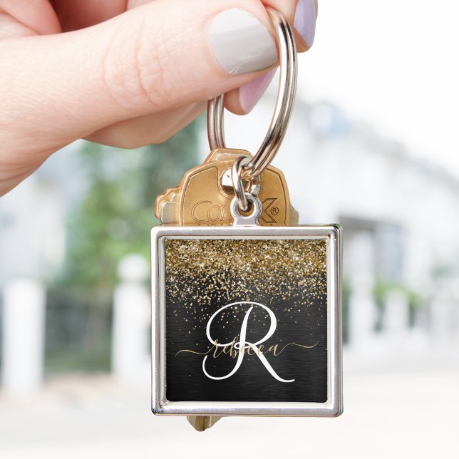 Custom Gold Glitter Black Sparkle Monogram Key Ring (Creator Uploaded)