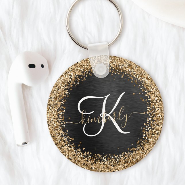 Custom Gold Glitter Black Sparkle Monogram Key Ring (Creator Uploaded)