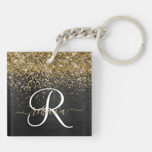 Custom Gold Glitter Black Sparkle Monogram Key Ring