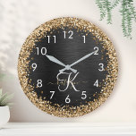 Custom Gold Glitter Black Sparkle Monogram Large Clock<br><div class="desc">Easily personalise this trendy elegant clock design featuring pretty gold sparkling glitter on a black brushed metallic background.</div>