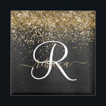 Custom Gold Glitter Black Sparkle Monogram Magnet<br><div class="desc">Easily personalise this trendy elegant magnet design featuring pretty gold sparkling glitter on a black brushed metallic background.</div>