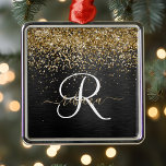 Custom Gold Glitter Black Sparkle Monogram Metal Ornament<br><div class="desc">Easily personalise this trendy elegant ornament design featuring pretty gold sparkling glitter on a black brushed metallic background.</div>