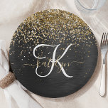 Custom Gold Glitter Black Sparkle Monogram Paper Plate<br><div class="desc">Easily personalise this trendy elegant paper plate design featuring pretty gold sparkling glitter on a black brushed metallic background.</div>