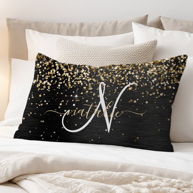 Custom Gold Glitter Black Sparkle Monogram Pillowcase (Creator Uploaded)