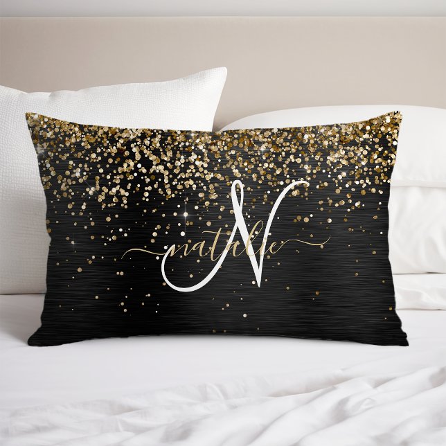 Custom Gold Glitter Black Sparkle Monogram Pillowcase (Creator Uploaded)