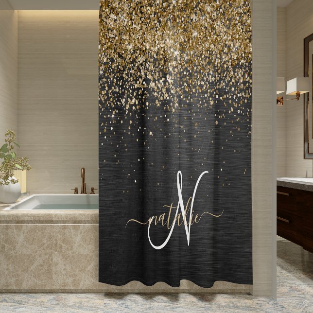 Custom Gold Glitter Black Sparkle Monogram Shower Curtain (Creator Uploaded)