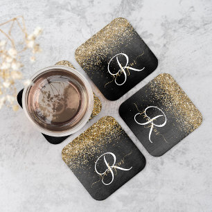Custom Gold Glitter Black Sparkle Monogram Square Paper Coaster