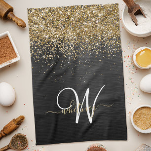 Custom Gold Glitter Black Sparkle Monogram Tea Towel
