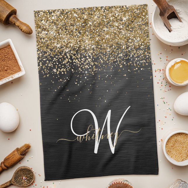 Custom Gold Glitter Black Sparkle Monogram Tea Towel (Creator Uploaded)