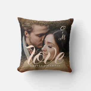 Custom Gold Glitter Couple Photo Monogrammed Cushion