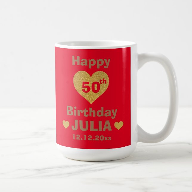 Custom Gold Glitter Heart Happy 50th Birthday Red Coffee Mug (Right)