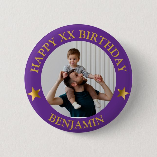  Custom Gold Happy Birthday Photo and Age 6 Cm Round Badge (Front)