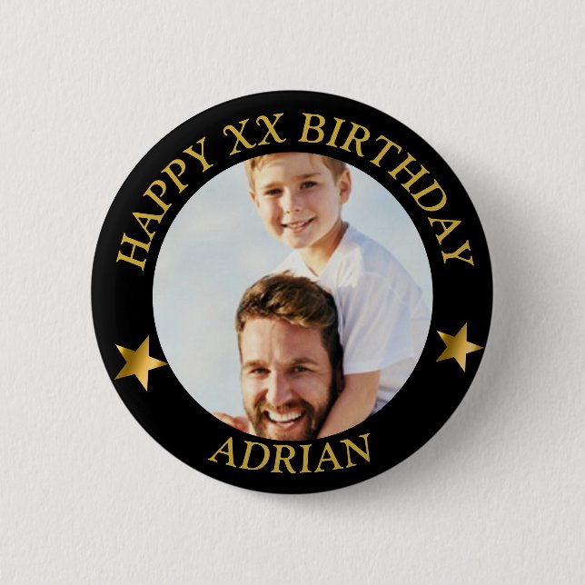  Custom Gold Happy Birthday Photo and Age Name 6 Cm Round Badge (Front)