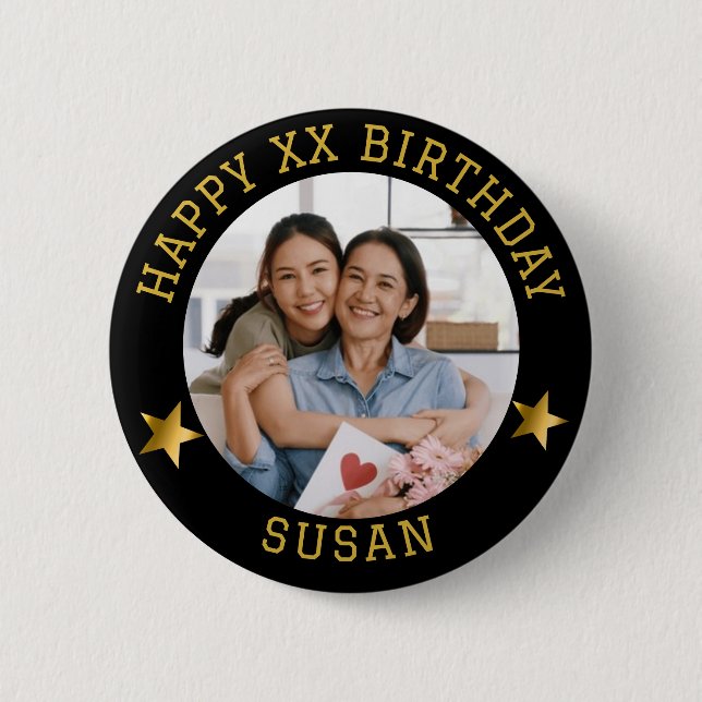 Custom Gold Happy Birthday Photo and Age Name 6 Cm Round Badge (Front)
