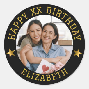 Custom Gold Happy Birthday Photo and Age Name Classic Round Sticker