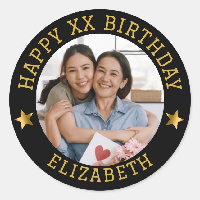  Custom Gold Happy Birthday Photo and Age Name Classic Round Sticker (Front)
