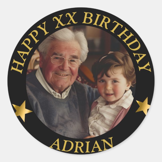  Custom Gold Happy Birthday Photo and Age Name Classic Round Sticker (Front)