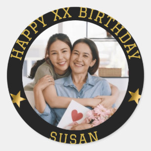 Custom Gold Happy Birthday Photo and Age Name Classic Round Sticker