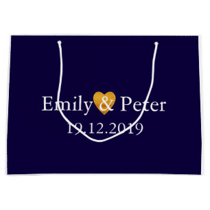 Custom Gold Heart Navy Blue Large Wedding Gift Bag