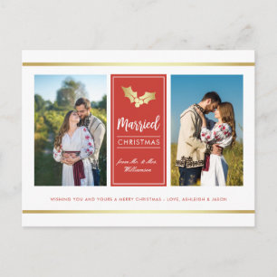 Custom Gold Holly Married Christmas Holiday Photo Postcard