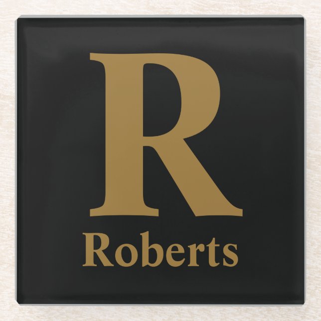 Custom Gold Initial/First/Family Name On Black Glass Coaster (Front)