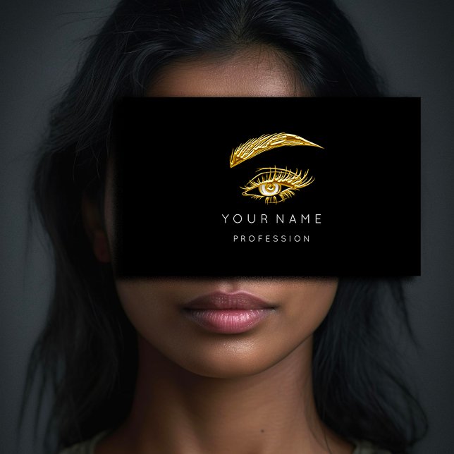 Custom Gold Lashes Brows Makeup Logo Black  Business Card (FlorenceK Studio )
