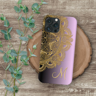 Custom Gold Mandala Art Pattern On Pink Purple iPhone 16 Pro Max Case