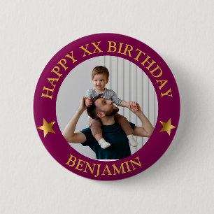 Custom Gold maroon Happy Birthday Photo and Age 6 Cm Round Badge
