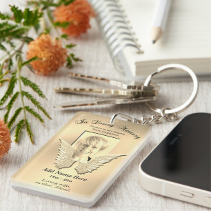 Custom Gold Memorial Angel Wings Add Photo Key Ring
