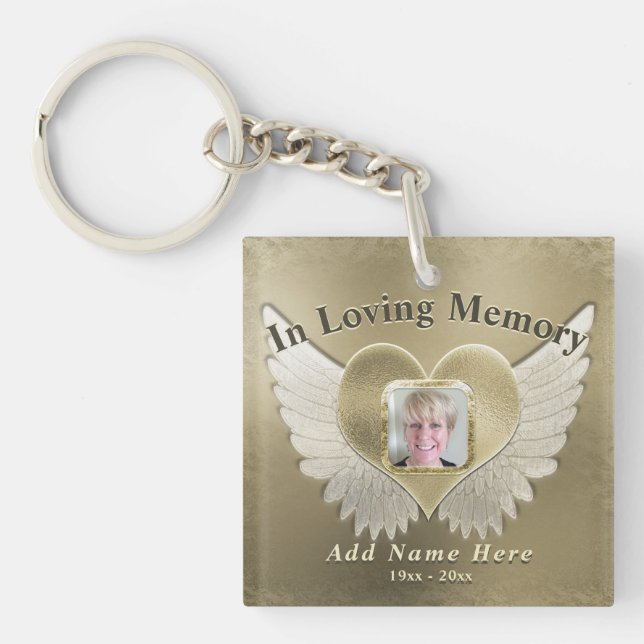 Custom Gold Memorial Angel Wings Add Photo Key Ring (Front)