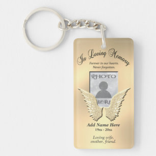 Custom Gold Memorial Angel Wings Add Photo Key Ring