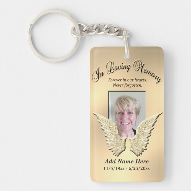 Custom Gold Memorial Angel Wings Add Photo Key Ring (Front)