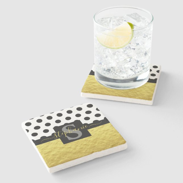 Custom Gold Monogram Black Dots Script Name  Stone Coaster (Side)