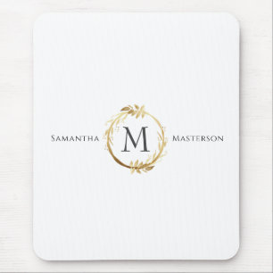 Custom Gold Monogram Botanical Foliage Wreath Mouse Pad