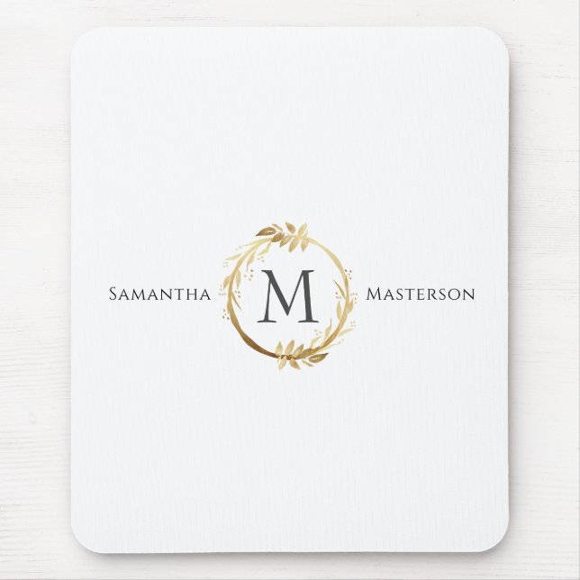 Custom Gold Monogram Botanical Foliage Wreath Mouse Pad (Front)