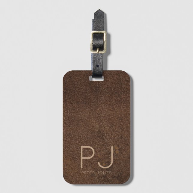 Custom Gold Monogram Rustic Brown Leather Luggage Tag (Front Vertical)