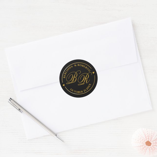 Custom Gold Monogram Wedding  love Classic Round Sticker (Envelope)