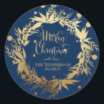 Custom Gold Navy Blue Christmas Eucalyptus Wreath Classic Round Sticker<br><div class="desc">Here's a lovely choice to label your Christmas gifts, goodies, envelopes or anyplace else you might want to send greetings this Christmas holiday season. This design features a gorgeous wreath of eucalyptus sprigs, leaves, and foliage with berries in faux gold foil. Inside the wreath are the words "Merry Christmas" in...</div>