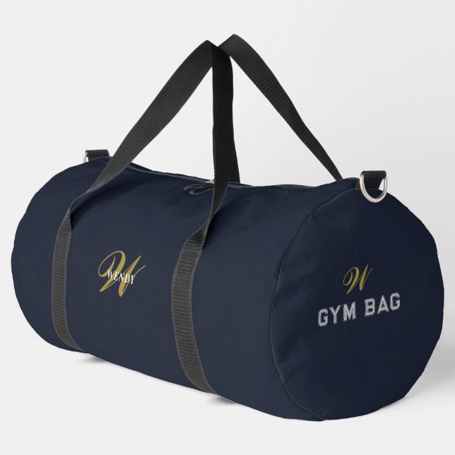 Custom Gold Navy Blue Monogram Initial Fitness Duffle Bag (Left Corner)