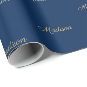 Custom gold navy blue script name text Birthday Wrapping Paper