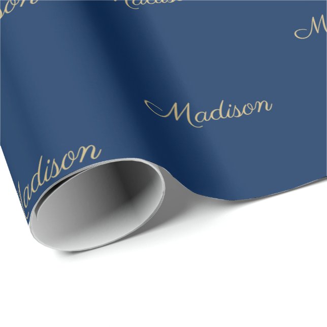 Custom gold navy blue script name text Birthday Wrapping Paper (Roll Corner)